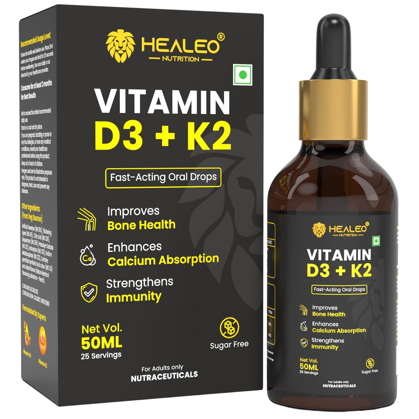 Healeo Vitamin D3 + K2 MK7 Fast-Acting Oral Drops | Supports Bone Health, Calcium Absorption & Immunity | Vitamin D Supplement for Men & Women - 50ml