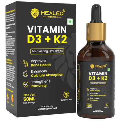 Healeo Vitamin D3 + K2 MK7 Fast-Acting Oral Drops | Supports Bone Health, Calcium Absorption & Immunity | Vitamin D Supplement for Men & Women - 50ml