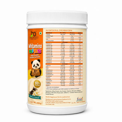 Whitamino, kids protein powder (2-10 Years) – High-Protein Nutritional Drink for Children with 12.5g Protein, 26 Vitamins & Minerals – Vanilla Flavor, 250g