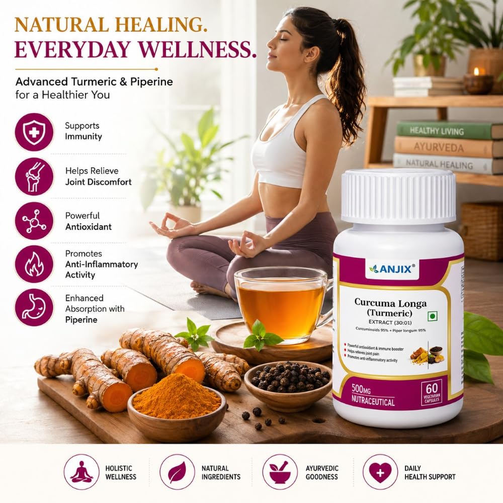 ANJIX Curcumin Capsules with Piperine 500mg | 95% Curcumin Turmeric Extract | Supports Immune Health, Joint Comfort & Overall Wellness | 60 Vegetarian Capsules
