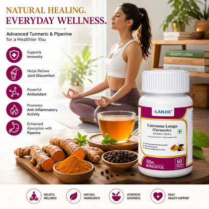 ANJIX Curcumin Capsules with Piperine 500mg | 95% Curcumin Turmeric Extract | Supports Immune Health, Joint Comfort & Overall Wellness | 60 Vegetarian Capsules