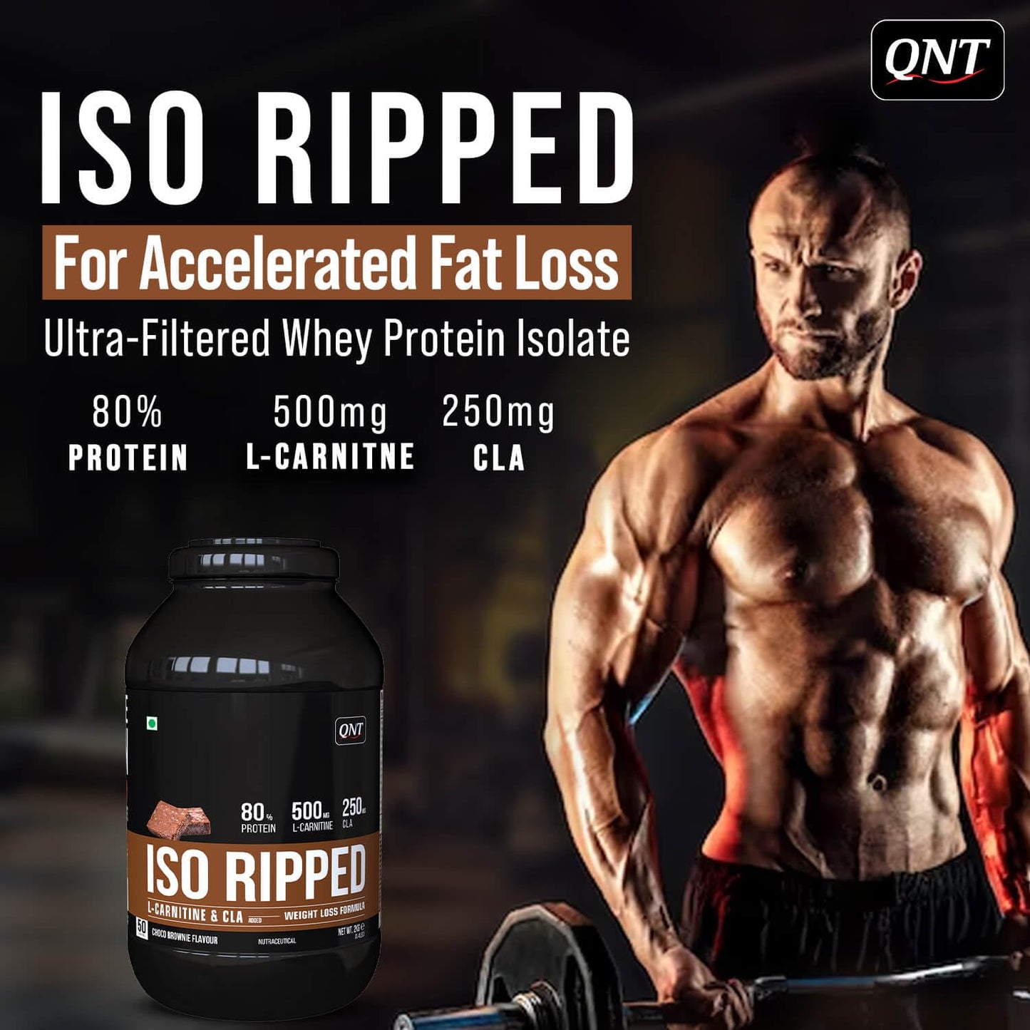 QNT ISO Ripped Whey Protein Isolate Powder | With L-Carnitine & CLA | 32g Pure Whey Isolate per Serving | Supports Lean Muscle Growth & Weight Loss | Choco Brownie Flavor, 1 Kg