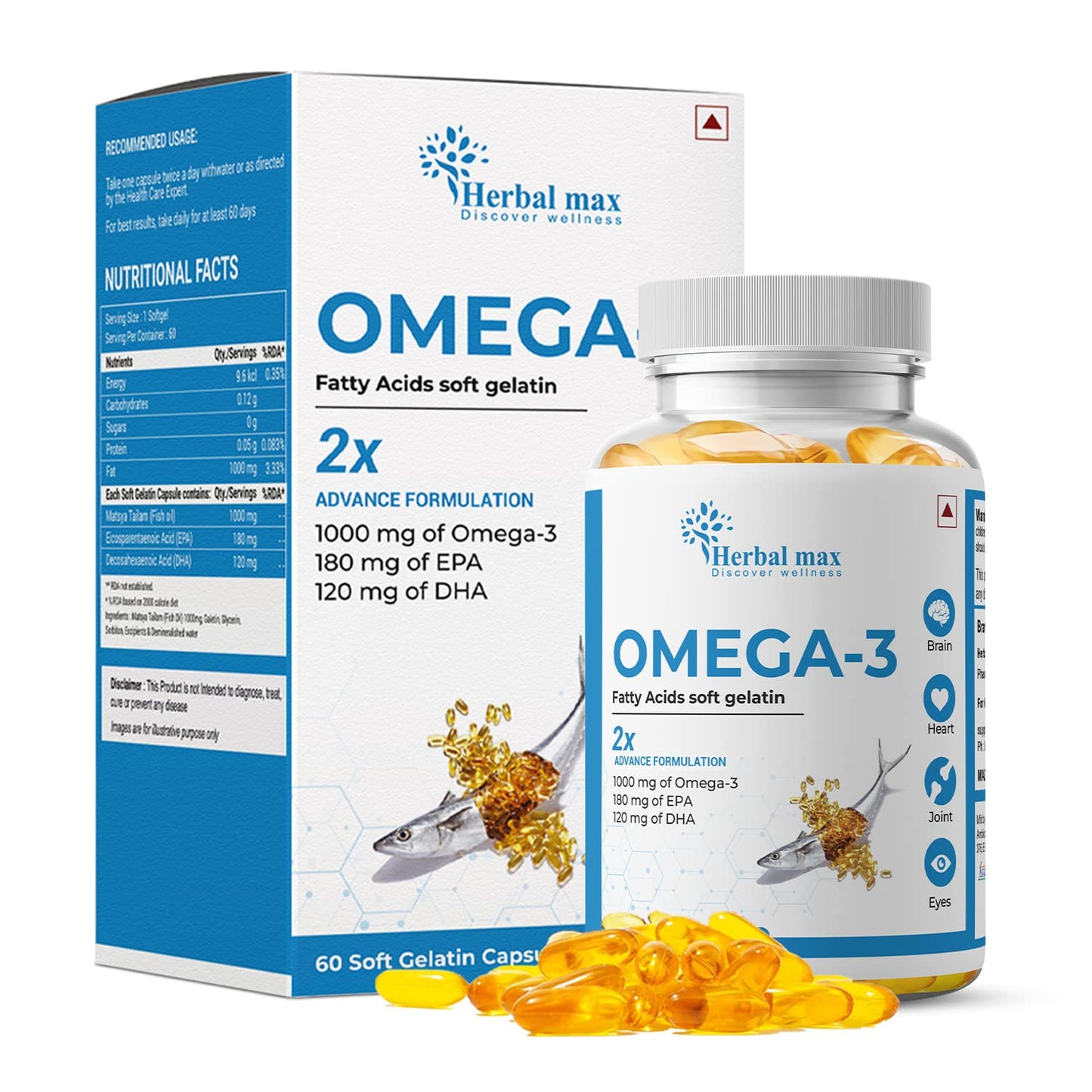 Herbal max Omega -3 Fish Oil Capsule - 60 Caps (1000mg Omega 3 with 180mg EPA & 120mg DHA)