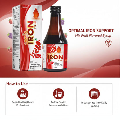 CHAHAK Iron Syrup with Folic Acid & Vitamin B12 – Hemoglobin Booster Syrup for Anemia, Fatigue & Weakness – Iron, Lycopene & Zinc Health Tonic – Mixed Fruit Flavour – 200 ml (Pack of 2)
