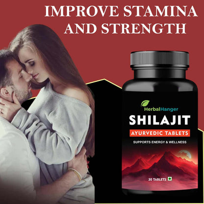 Herbal Hanger Shilajit Ayurvedic Tablets with Ashwagandha, Shatavari, Gokshura & Black Musli | 30 Tablets | 100% Ayurvedic for Strength, Stamina and Power | for Men