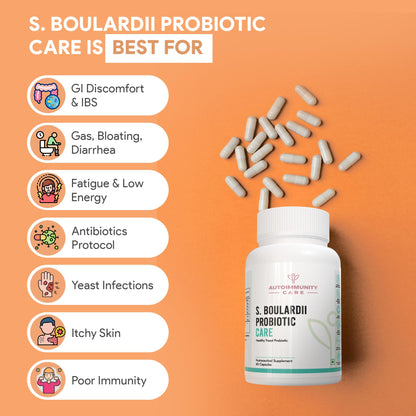Autoimmunity Care S. Boulardii Care – Saccharomyces Boulardii Probiotic Supplement | 10 Billion CFU | Probiotics Supplement for Gut Health, Intestinal Lining & Microbial Balance | 60 caps (60 doses)
