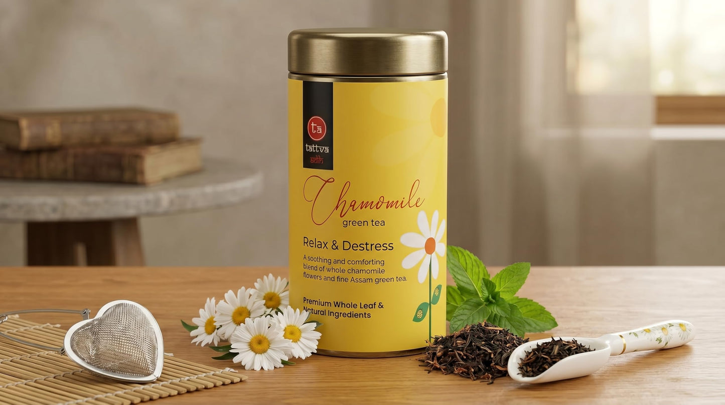 Tattva Adih Chamomile Green Tea | Stress Relief & Good Sleep I Whole Leaf Green Tea & Pure Flower Buds of Chamomile|Loose Leaves (100 grams (Airtight Container))