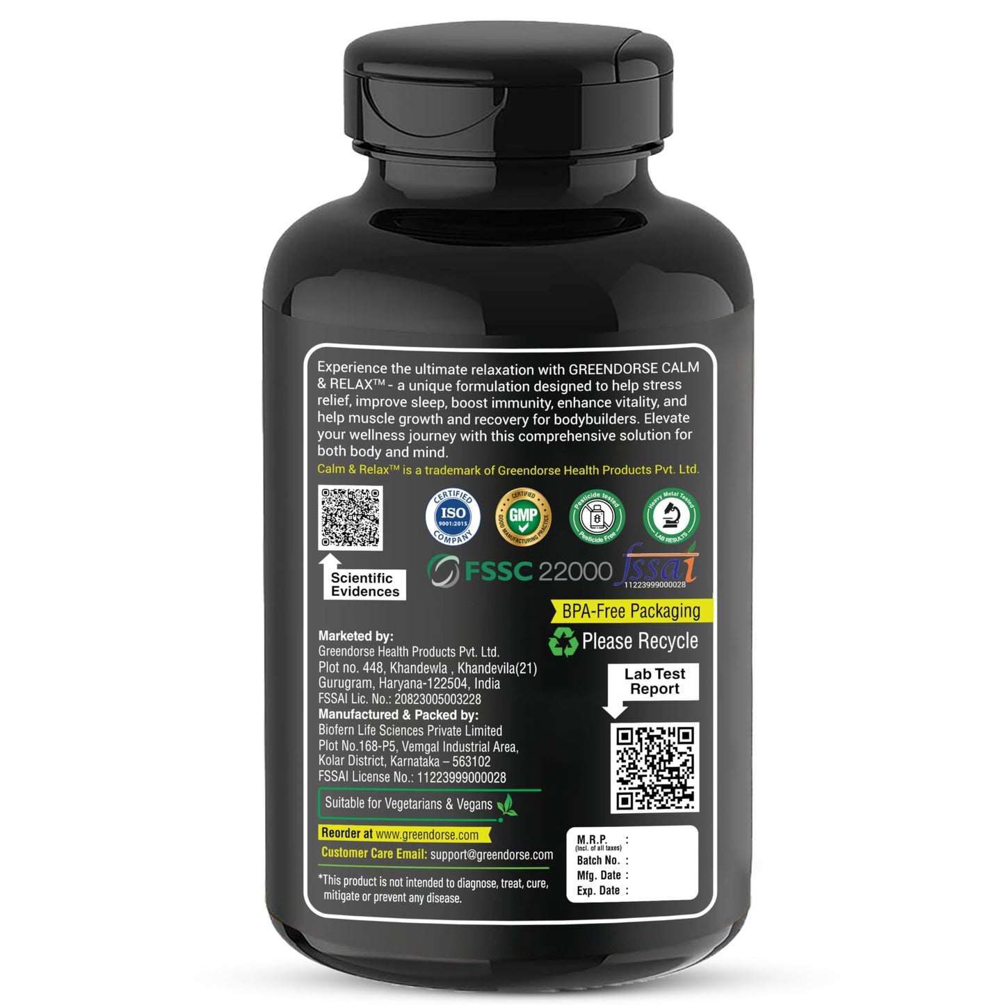 GREENDORSE Premium Shoden Ashwagandha 35% Withanolides with High grade Magnesium Glycinate & Probiotics- Calm & Relax™| For Stress Support, Calm & Relax Mind, Muscle recovery, Vitality Support - 60 Veg Capsules