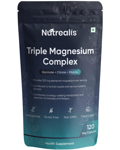 Nutrealis Triple Magnesium Complex | 120 Veg Capsules | Magnesium Glycinate, Citrate & Malate with Zinc | High Absorption Magnesium Supplement for Sleep, Muscle, Stress & Energy Support