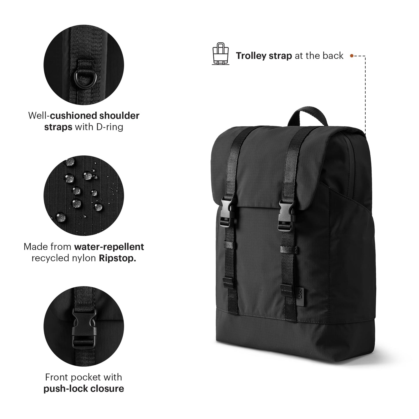 DailyObjects Taiga Backpack (19L) Ultra Light Office/Travel Laptop Backpack (19L) for Men & Women with 15inch Compartment, Water-Repellent, MultiPocket, Bottle Holders with Trolley Strap- Basalt Black