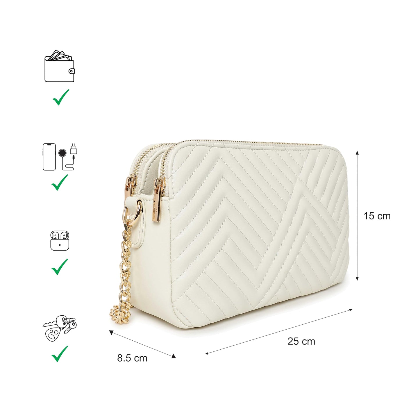 Fastrack StitchPlay Sling | Quilted Faux-Leather Women’s Handbag | Crossbody with 3 Compartments & Metal Strap | Sling for Everyday Carry