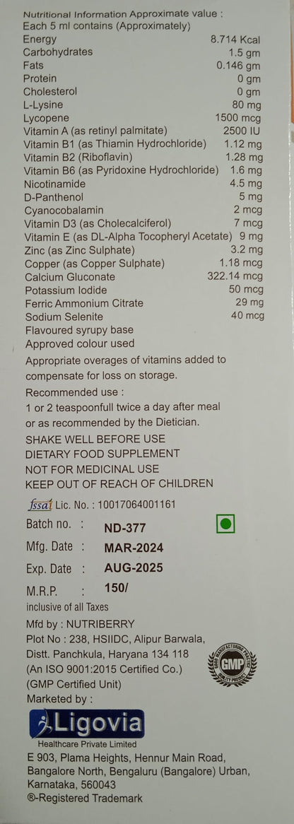 Ligovital L Plus-Lycopane,Multi-vitamin,Multi-Mineral With Antioxidants Syrup (Pack Of 2)