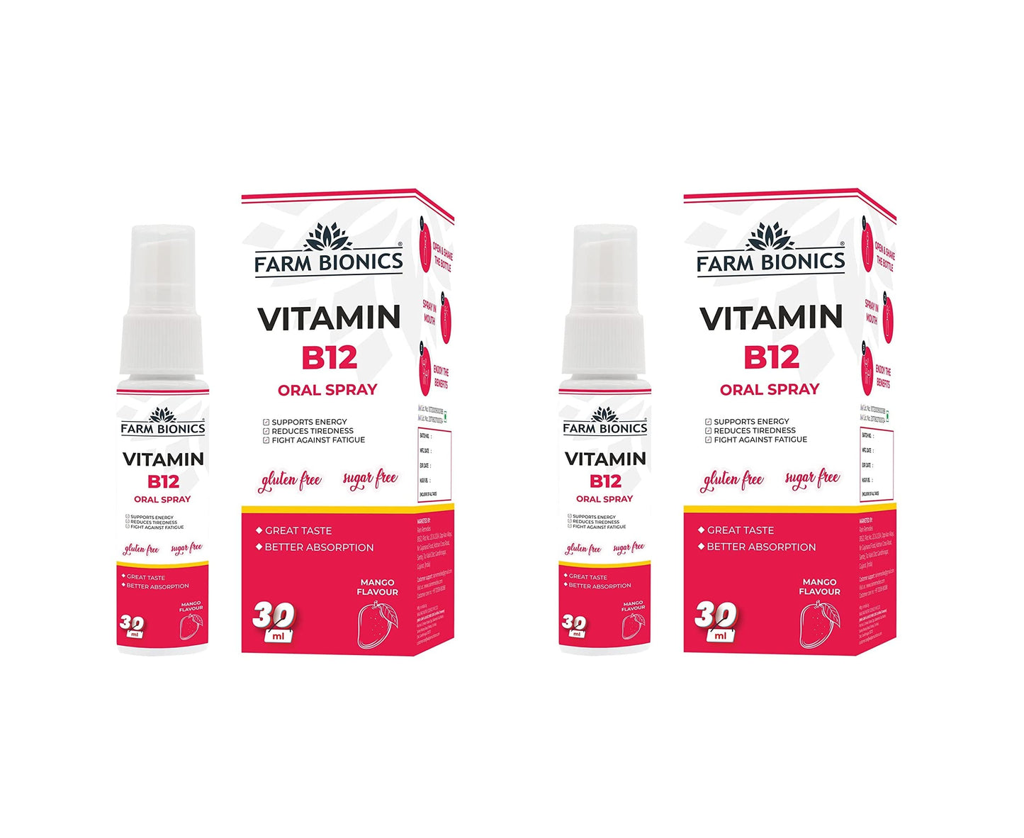 FARM BIONICS Vitamin B12 Oral Spray, 30Ml | 100% Vegetarian | Sugar Free | Gluten Free | Immunity Booster Spray For Men & Women | Pocket Friendly (Mango, Pack of 2), Drop