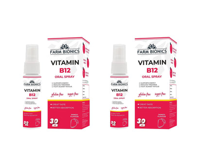 FARM BIONICS Vitamin B12 Oral Spray, 30Ml | 100% Vegetarian | Sugar Free | Gluten Free | Immunity Booster Spray For Men & Women | Pocket Friendly (Mango, Pack of 2), Drop