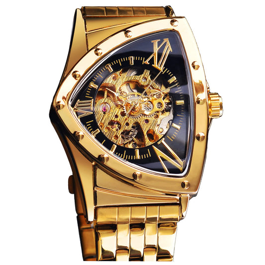 FORSINING Triangle Skeleton Men's Automatic Mechanical Analog Watch Luxury Gold Black Stainless Steel Watches Waterproof Luminous Sports Wristwatch, Round Gold Black