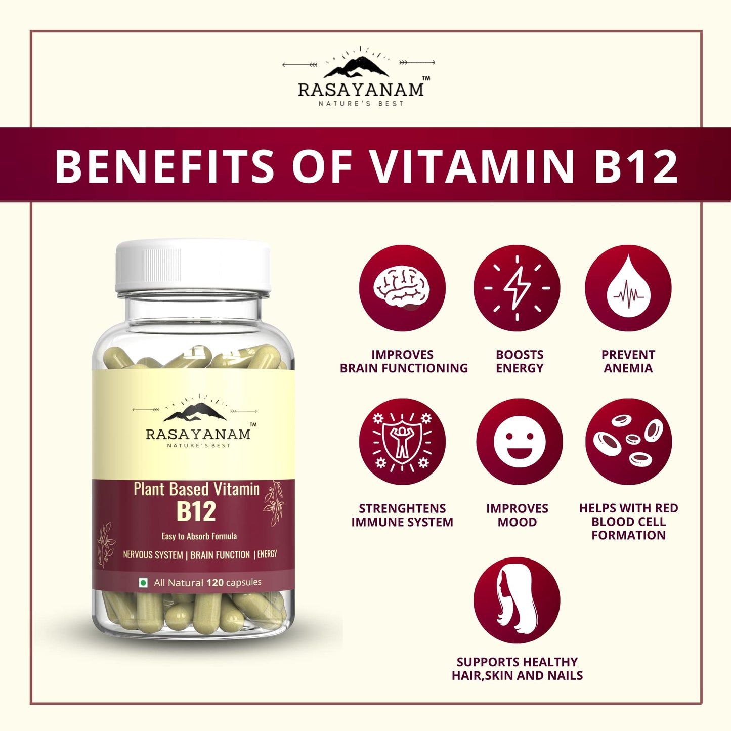 Rasayanam Plant Based Vitamin B12 supplement for Men & Women (120 Capsules) | Organic Formulation for Vegetarians & Vegans to support Nervous System & Brain Function