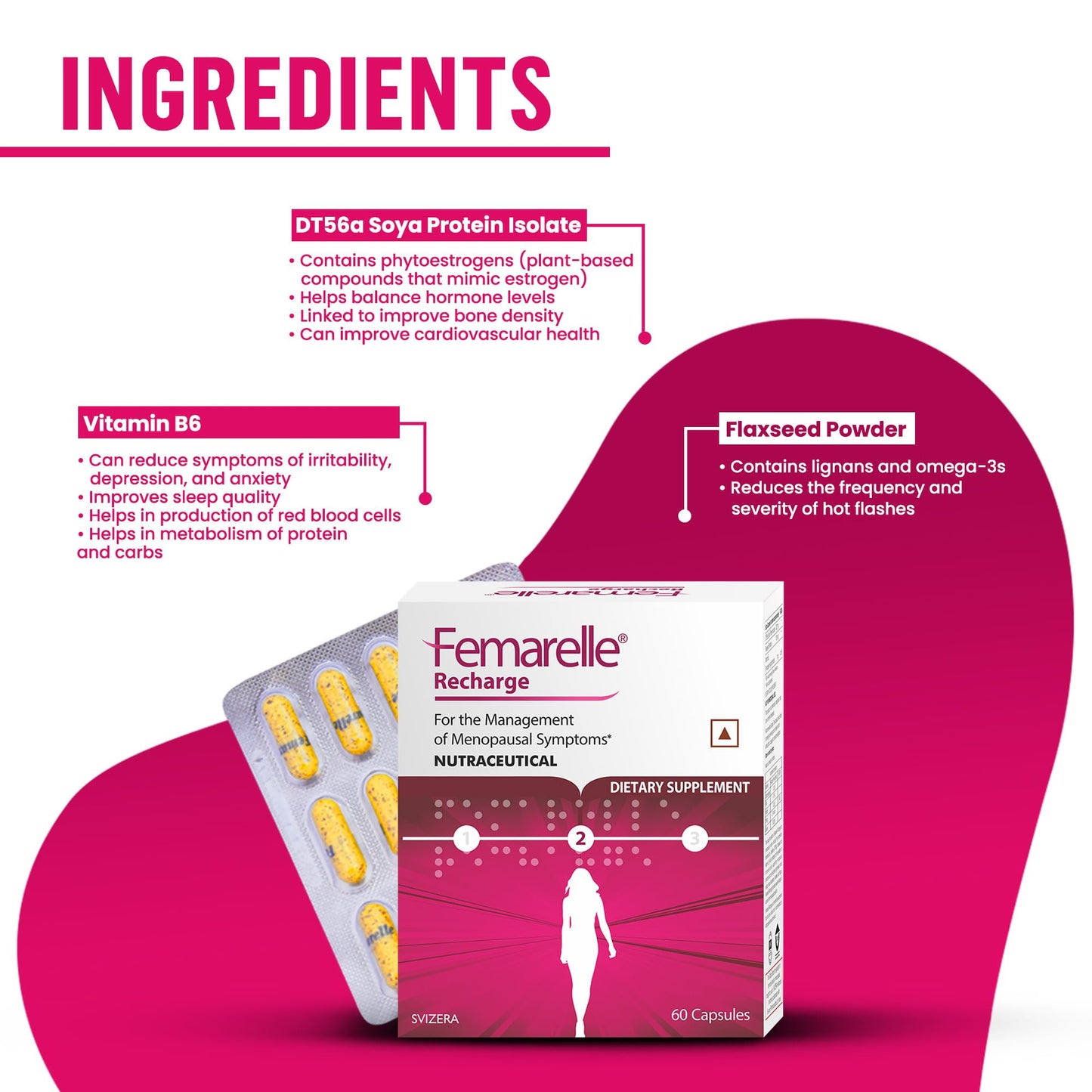 Femarelle Recharge | 50-59+ Women Menopause Supplements; 40+ Countries | DT56a Clinically-Proven | Menopause Symptoms, Mood Swings, Hot Flashes | 60 Capsules (1 Month Usage)