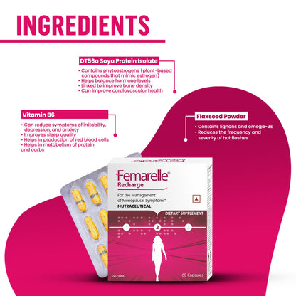 Femarelle Recharge | 50-59+ Women Menopause Supplements; 40+ Countries | DT56a Clinically-Proven | Menopause Symptoms, Mood Swings, Hot Flashes | 60 Capsules (1 Month Usage)