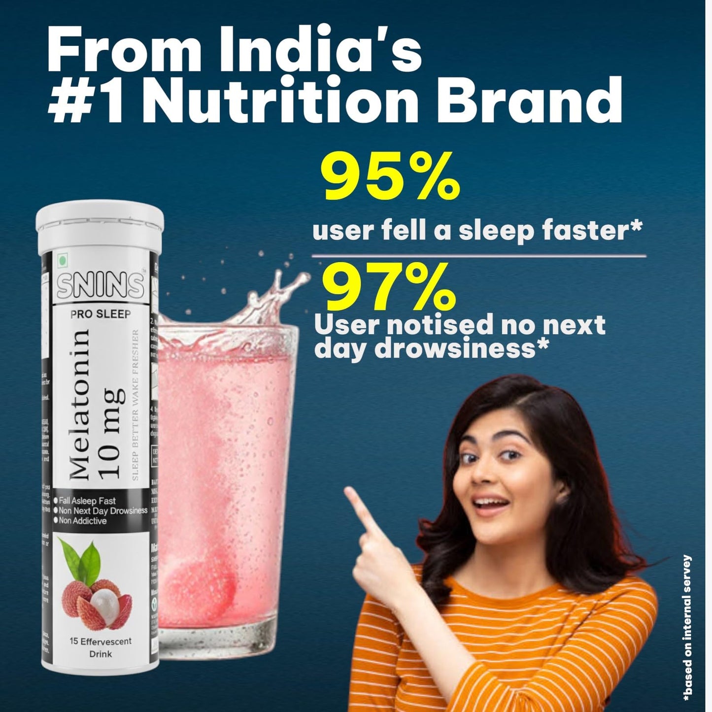 SNINS Pro Sleep 10 mg Melatonin 15 Effervescent & Stress Relief Vitamin with Ashwagandha No Added Sugar - 15 Litchi DRINK
