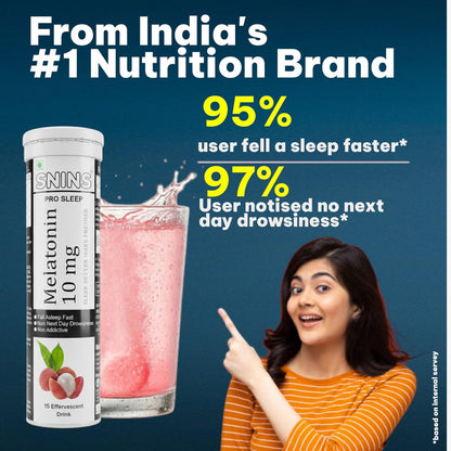 SNINS Pro Sleep 10 mg Melatonin 15 Effervescent & Stress Relief Vitamin with Ashwagandha No Added Sugar - 15 Litchi DRINK