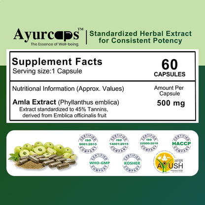 Ayurcaps Amla Capsules 500mg (60 Veg Capsules) | Ayurvedic Amla Supplement | Natural Source Of Vitamin C | Immune And Antioxidant Support | Hair And Skin Support (Pack of 1)