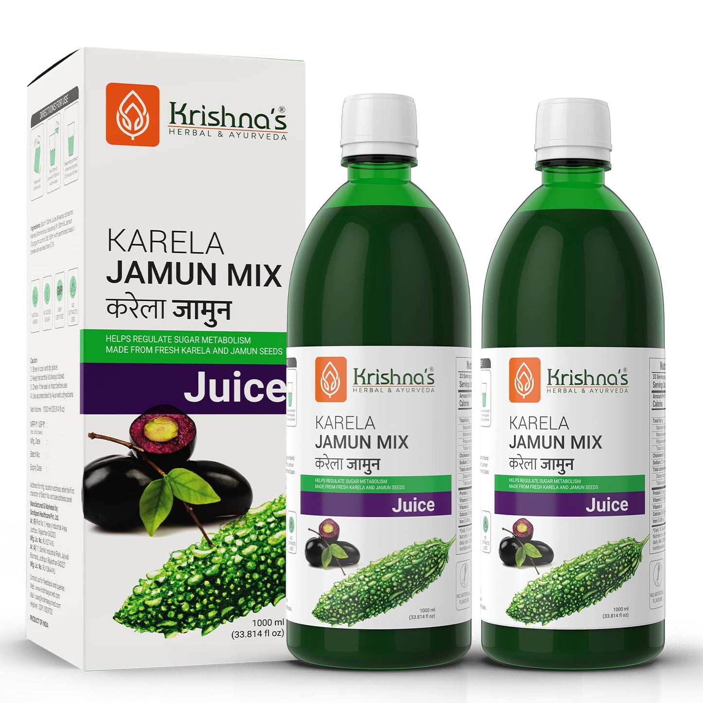 Krishna's Karela Jamun Mix Juice - 1000 ml | Enriched with Vitamin C - Vitamin A| Sugar free Juice with No Added Color or Flavour - (Pack of 2)