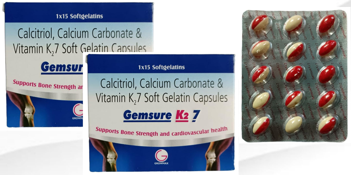 Gemsure K2 7 Calcitriol, Calcium Carbonate & Vitamin K2-7 Soft Gelatin Capsules, 15 Count, for Bone Strength.pack of-2
