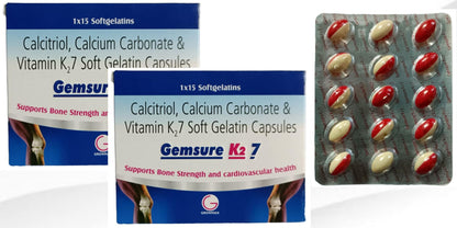 Gemsure K2 7 Calcitriol, Calcium Carbonate & Vitamin K2-7 Soft Gelatin Capsules, 15 Count, for Bone Strength.pack of-2