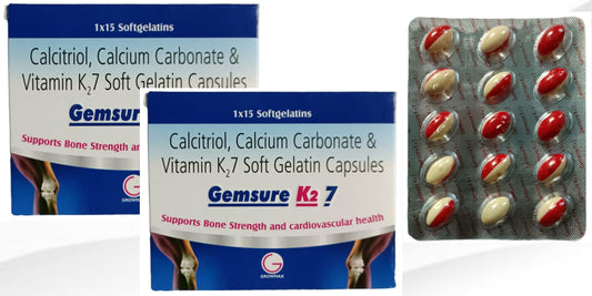 Gemsure K2 7 Calcitriol, Calcium Carbonate & Vitamin K2-7 Soft Gelatin Capsules, 15 Count, for Bone Strength.pack of-2