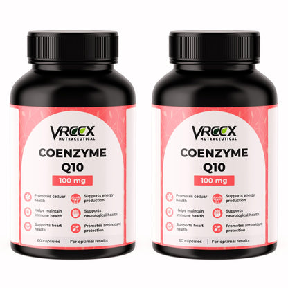 VREEX Coenzyme Q10 (CoQ10) 100 mg with Piperine, Supports Heart Health, Boost Energy Production and Antioxidant Protection- 60 Capsules (Pack of 2)