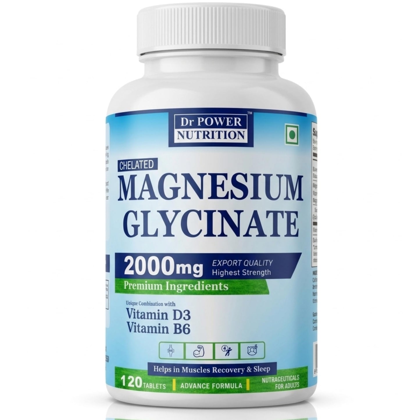 Dr Power Nutrition Magnesium Glycinate 2000mg | Chelated Magnesium Tablets with Vitamin D3 & B6 | Muscle Recovery, Bone Strength & Sleep Support | 120 Tablets | Non-GMO, Gluten-Free, High Absorption Formula