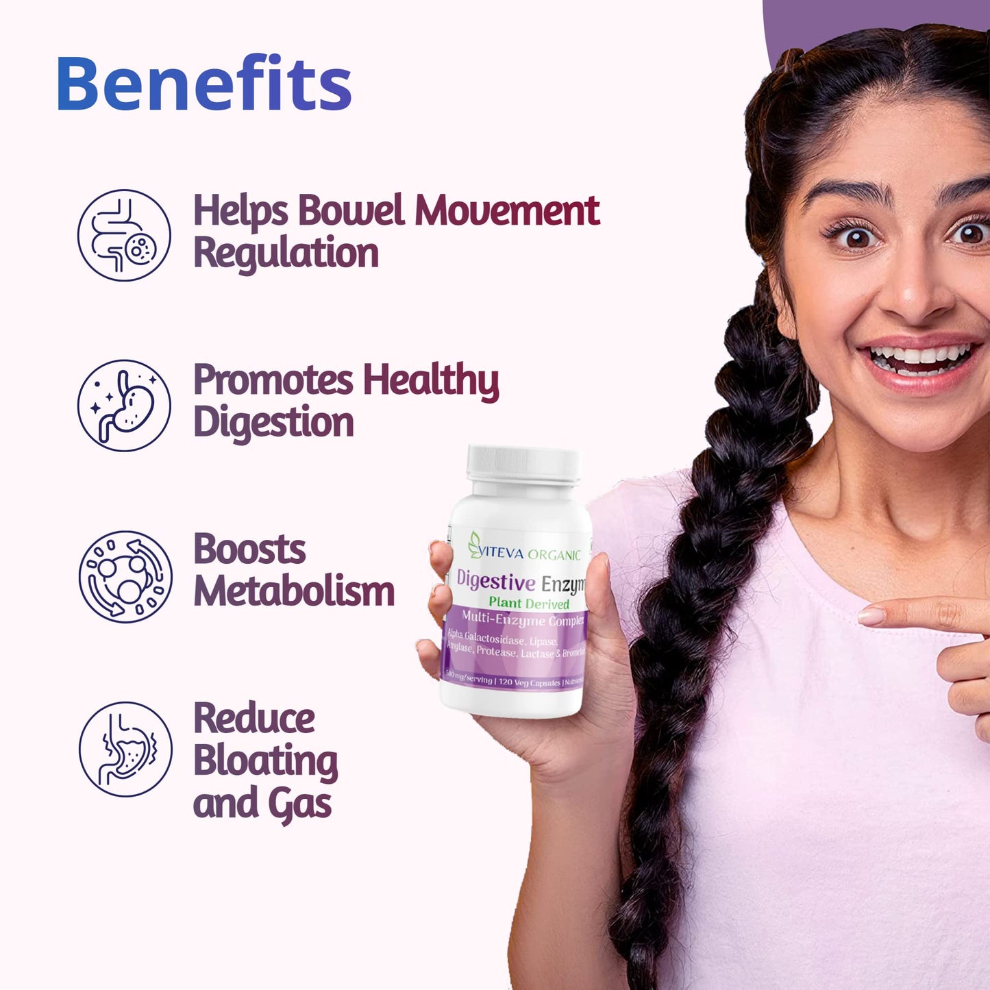 Viteva Organic Digestive Enzymes 500mg – 120 Veg Capsules with Bromelain, Alpha Galactosidase, Lipase, Amylase, Protease -Digestive enzyme