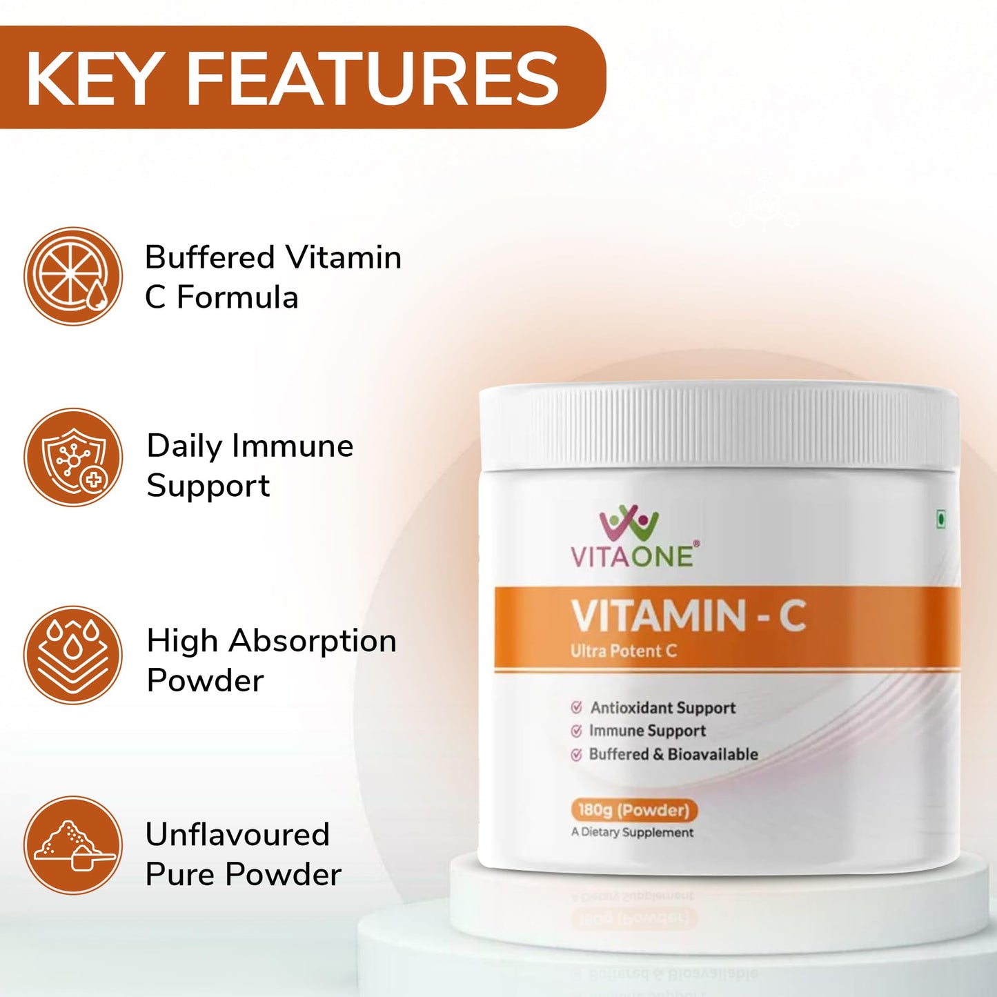 VitaOne Vitamin C Powder 180g – Ultra Potent Buffered Formula Vitamin C Supplement for Immune Support, Antioxidant Support & Collagen Formation – Unflavoured, No Added Sugar