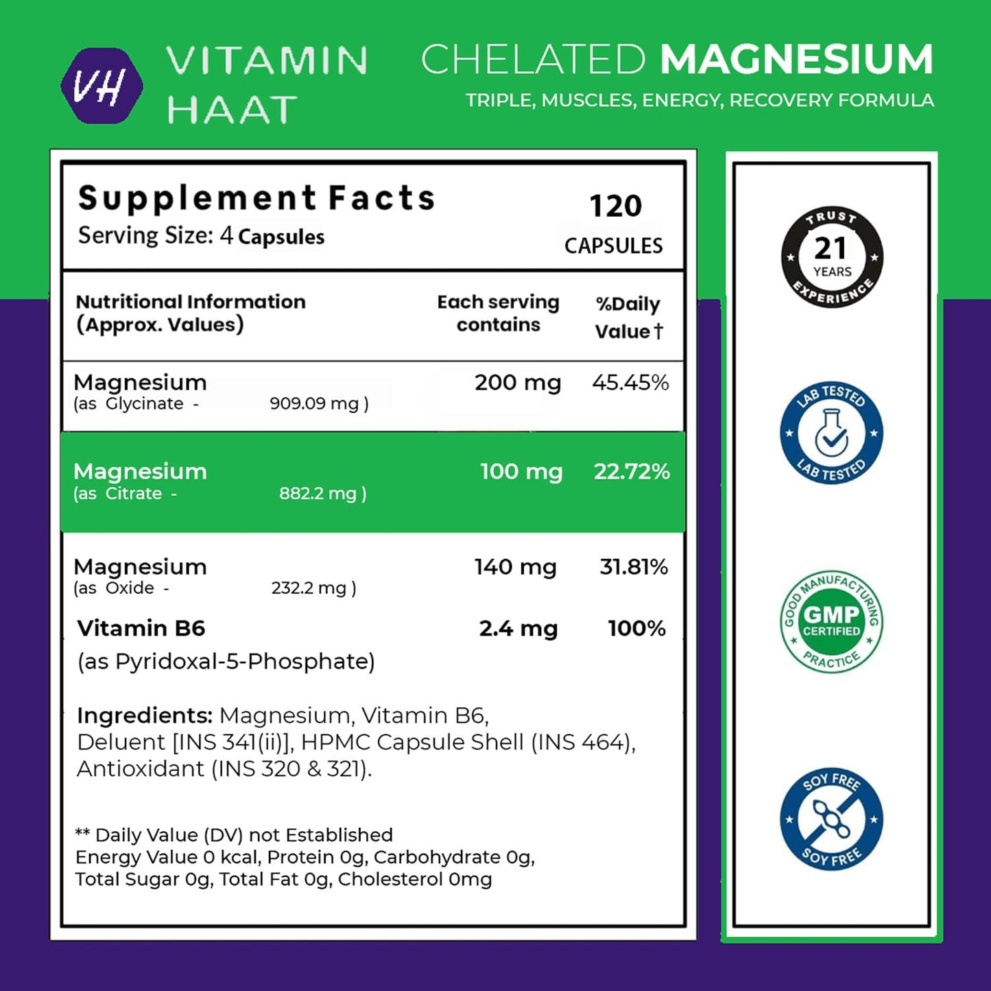 Magnesium Supplement | Magnesium Glycinate and Citrate with Vitamin B6 Supports Muscle Recovery & Better Sleep | Triple Mineral Complex |2025mg Per Serving | 120 Capsule by VitaminHaat