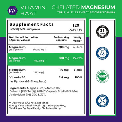 Magnesium Supplement | Magnesium Glycinate and Citrate with Vitamin B6 Supports Muscle Recovery & Better Sleep | Triple Mineral Complex |2025mg Per Serving | 120 Capsule by VitaminHaat