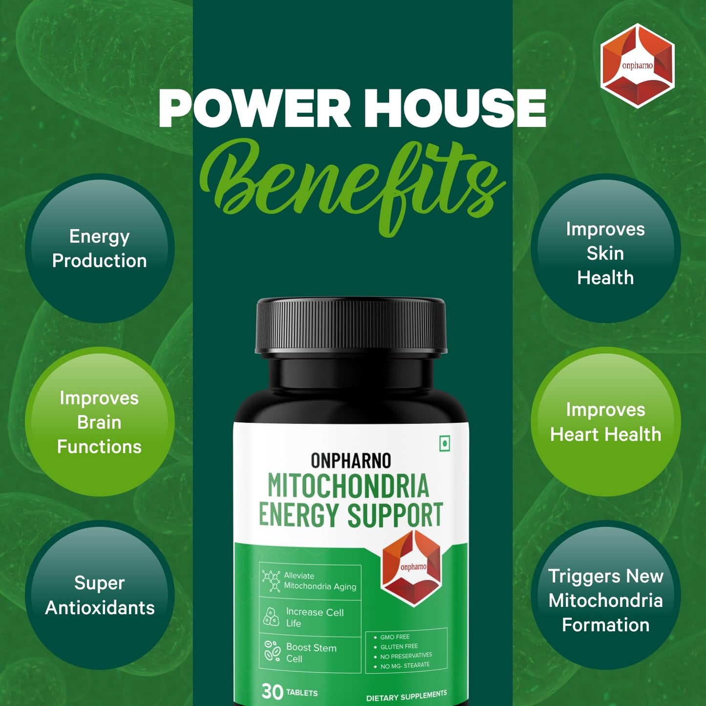 Onpharno Mitochondria Energy Support Supplement for Cellular Wellness & Daily Vitality | Advanced Energy Support Formula | Gluten Free Energy Booster | Supports Brain Function & Immunity - 30 tablets