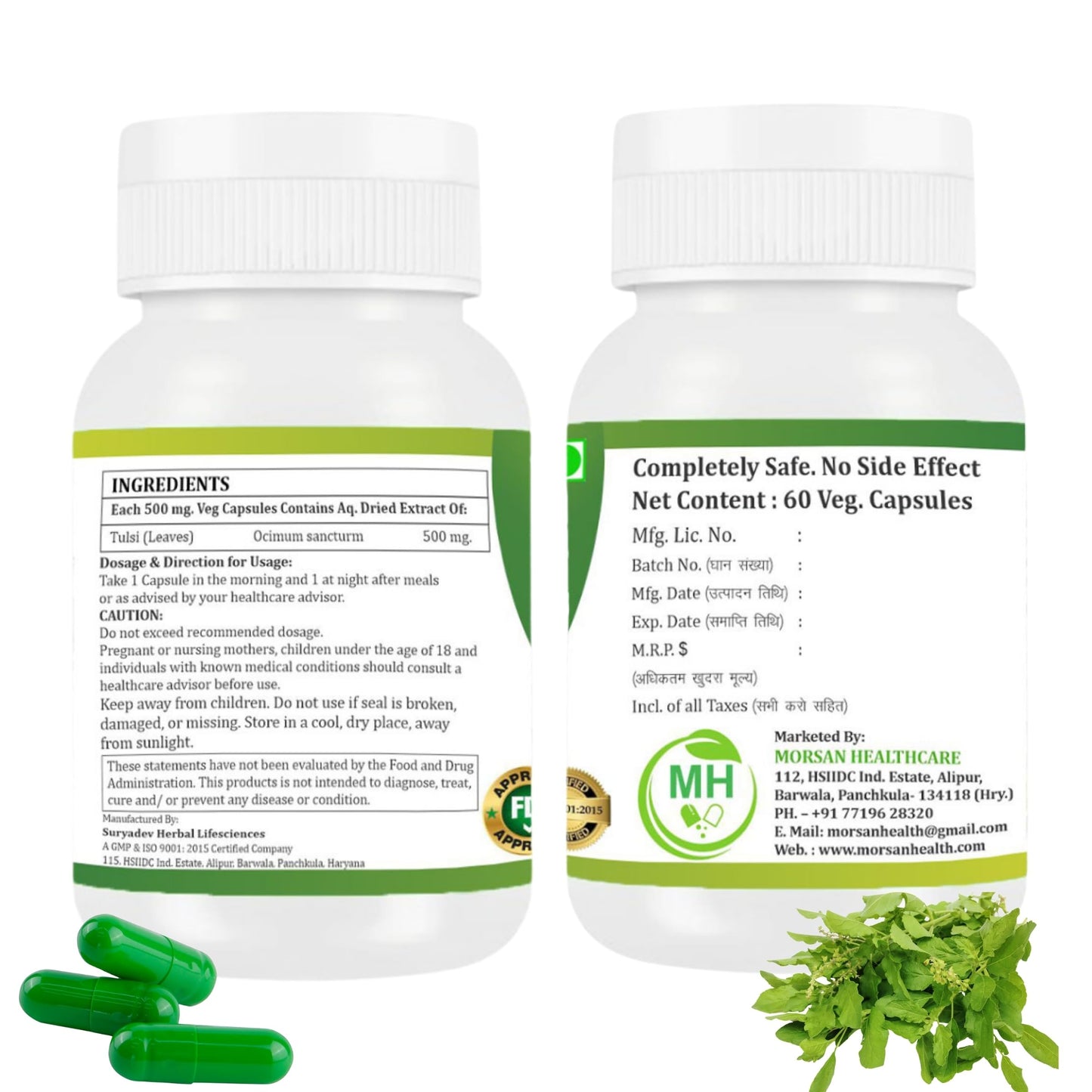 Morsan Healthcare TULSI Capsules – 60 Veg Capsules | Pure Holy Basil Extract (Ocimum sanctum) | Natural Ayurvedic Herbal Supplement | Plant-Based Formula | Pack of 2
