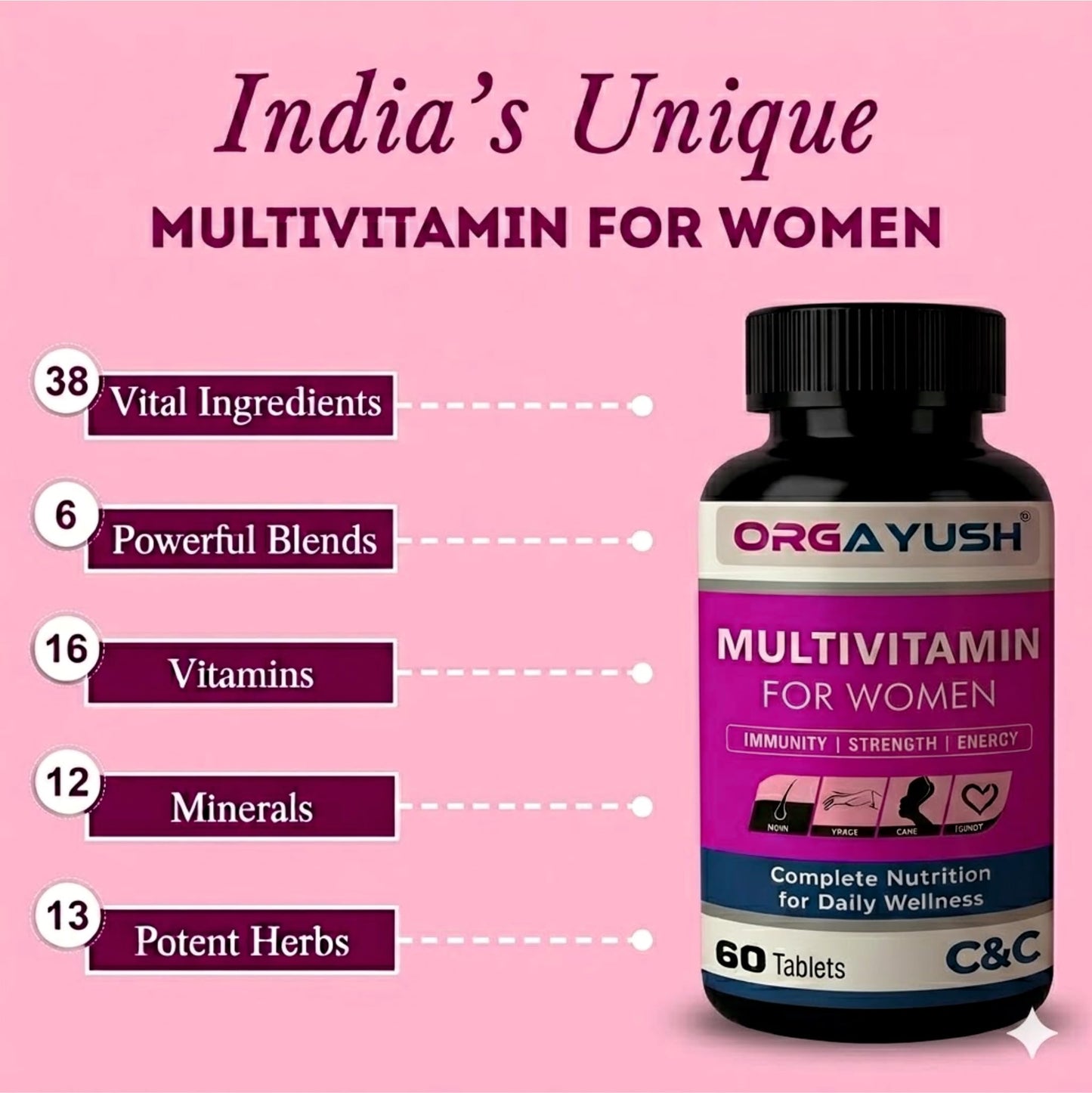 Women’s Multivitamin Tablets– Daily Energy & Immunity Support with Vitamins A, B, C, D, E & Biotin, No Added Sugar, Mixed Berry Flavor, Vegetarian Wellness Supplement (Pack of 1, Medium)