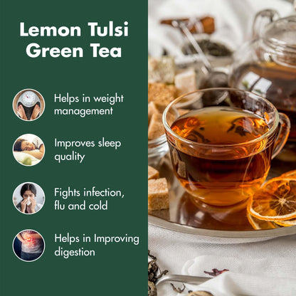 Tea Treasure Lemon Tulsi Green Tea | 100g Loose Leaf | Blend of Green, Lemon Tulsi & Lemongrass | Natural Detox & Immunity Booster | Herbal Wellness Tea for Digestion & Stress Relief | Caffeine Light | 100% Natural Ingredients