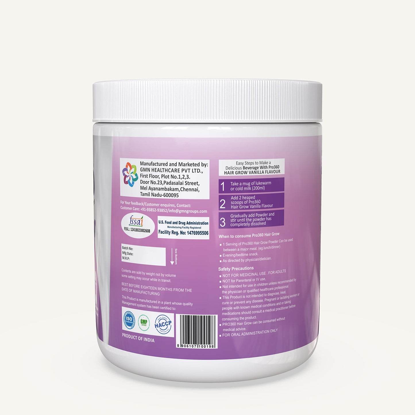 Pro360 Hair Grow Protein Powder for Healthy Hair Growth Nutrition Supplement for Men and Women - Enriched with Biotin and Green Apple Skin Extract - Vanilla Flavor 250g (Pack of 1)