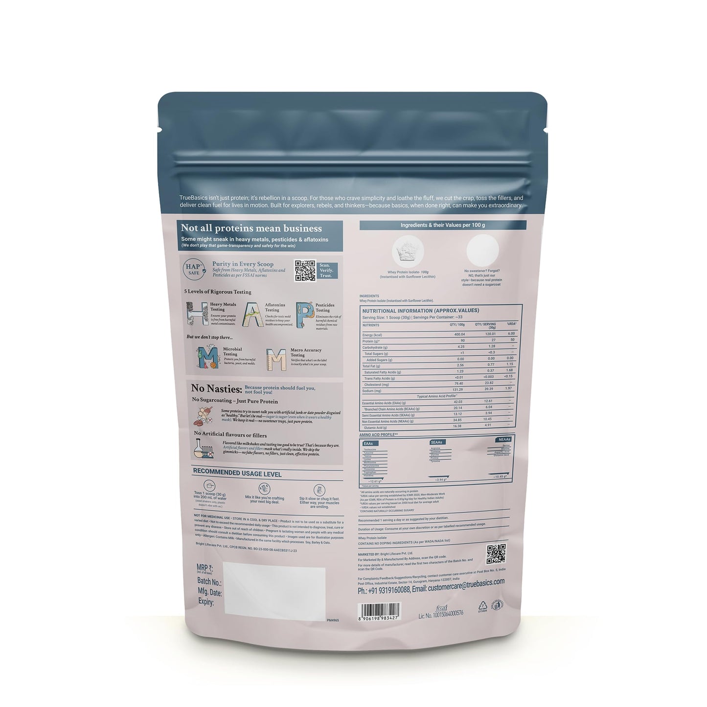 TrueBasics Clean Raw Whey Isolate Protein Powder, Unflavoured, 1kg