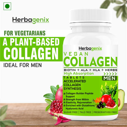 HERBAGENIX Collagen Supplements For Men, Biotin, Hyaluronic Acid Supplement, Vitamin C, E, Hydrolyzed Protein Peptides Booster With Marine Collagen Powder For Skin Whitening, Glow & Hair-60 Tablets