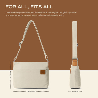 DailyObjects Unisex All Sunday Sling Crossbody Bag | Cotton Canvas Purse With Slip Pockets | Zip Closure | Storage Space For Essentials | Relaxed and Functional Shoulder Handbag | Handcrafted White