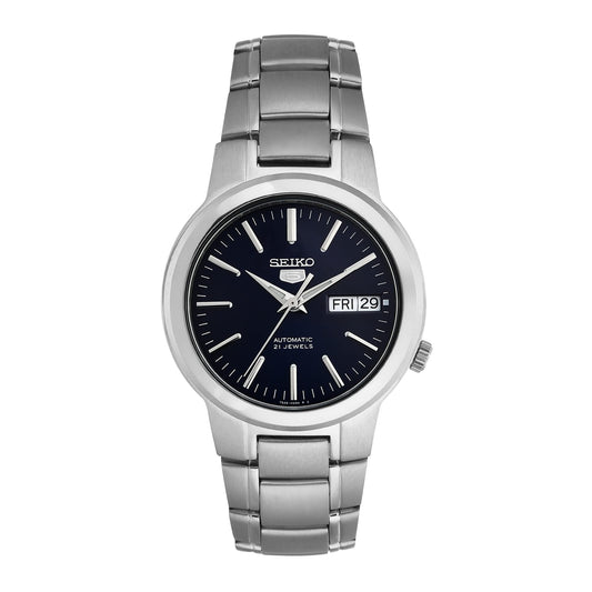 Seiko Stainless Steel Men's 5 Automatic Snka05K Blue Stainless-Steel Self Wind Fashion Analog Watch, Band Color:Silver, Dial_Black