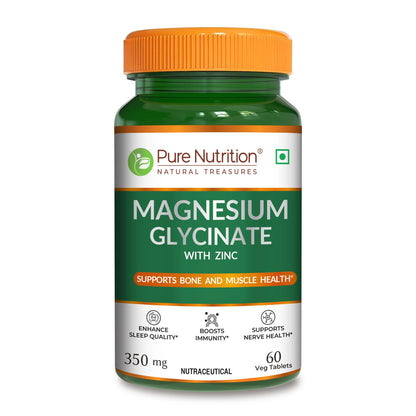 Pure Nutrition Magnesium Glycinate + Zinc - 60 Veg Tablets | Supports Bone, Muscle & Nerve Health | Promotes Relaxation & Quality Sleep | Eases Period Cramps | Enhances Stress Relief & Heart Health | Essential Daily Mineral Supplement