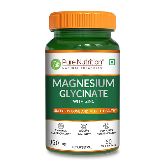 Pure Nutrition Magnesium Glycinate + Zinc - 60 Veg Tablets | Supports Bone, Muscle & Nerve Health | Promotes Relaxation & Quality Sleep | Eases Period Cramps | Enhances Stress Relief & Heart Health | Essential Daily Mineral Supplement