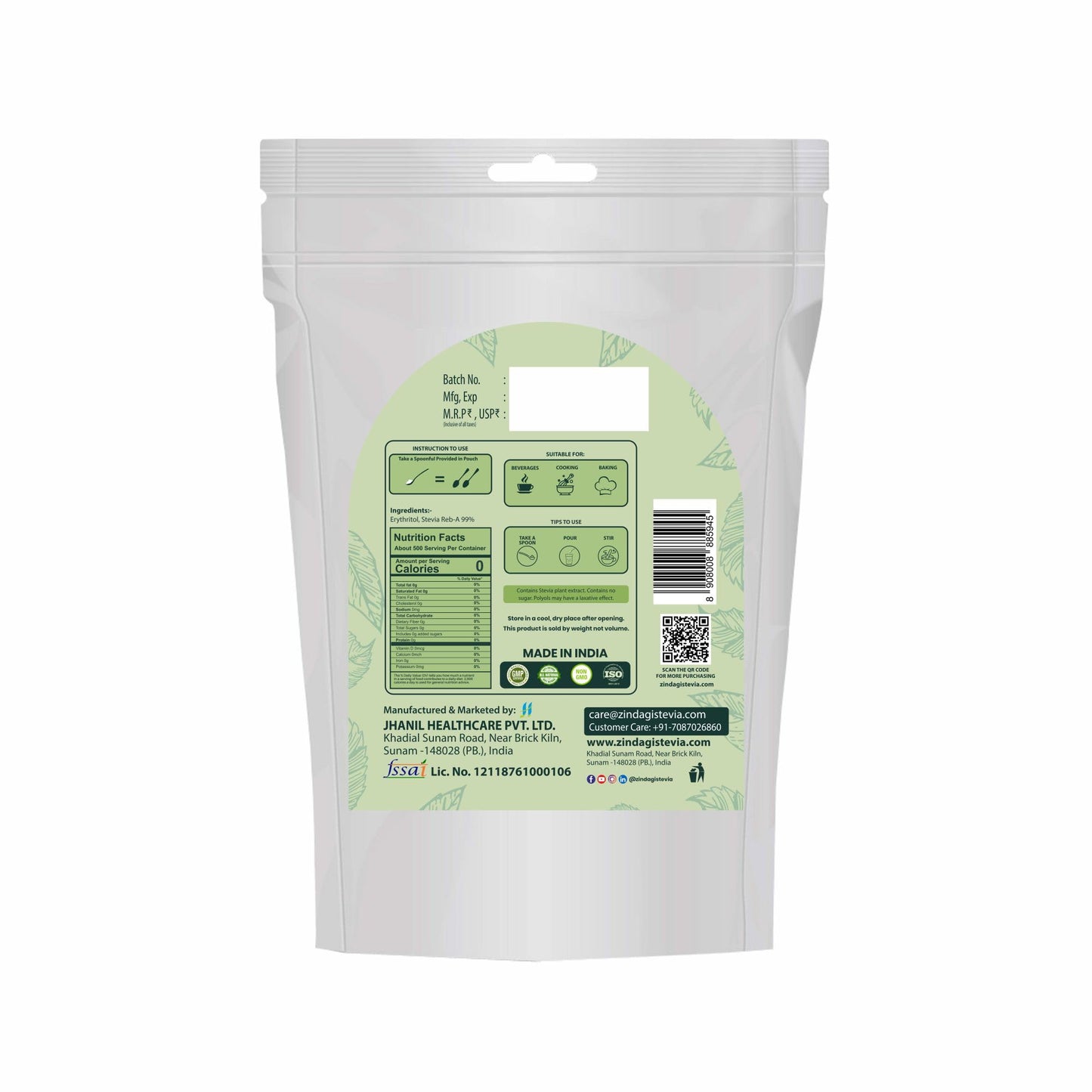 Zindagi Stevia Powder (Reb A 99%) Extract | Sugar Subsitute | Stevia Natural Sugar-free Powder In Bulk | 500 gm | Pack of 4