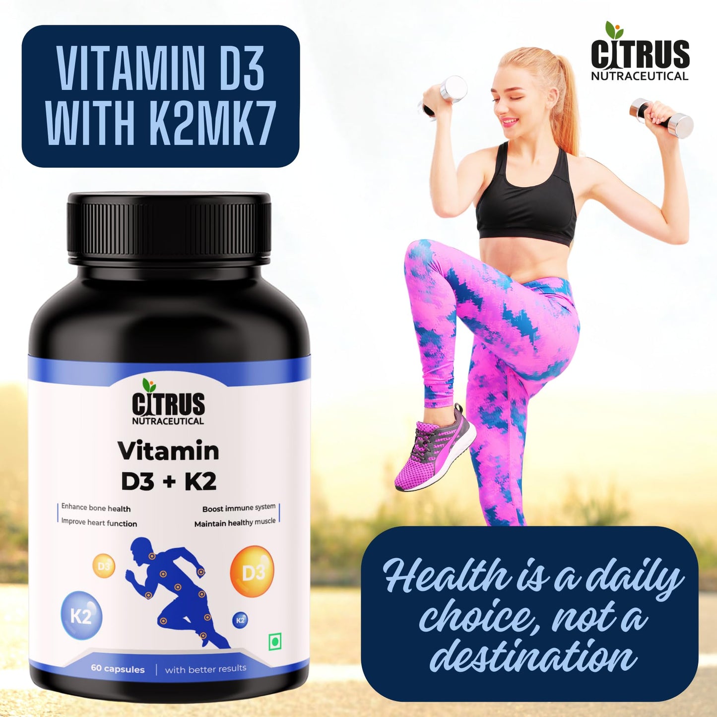 CITRUS NUTRACEUTICAL Vitamin D3 600IU with K2 MK7 55 mcg | For Bone, Calcium Absorption & Heart Health - 60 Veg Capsules