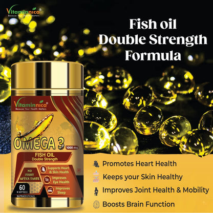 Vitaminnica Salmon Omega 3 Fish Oil Softgels Fatty Acids Great For Eyes, Skin, Heart, Joints & Brain Health || Double Strength (EPA & DHA) 60 Softgels for Men and Women (Pack of 1)