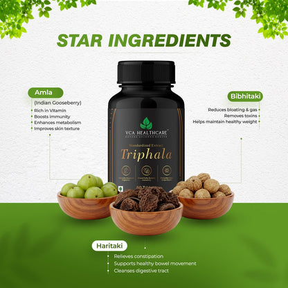 VCA Healthcare Triphala Extract Tablets | Ayurvedic Herbal Supplement for Digestive & Detox Support | Gut Health & Constipation Support | Natural Cleanse and Metabolism Support (Pack of 1)